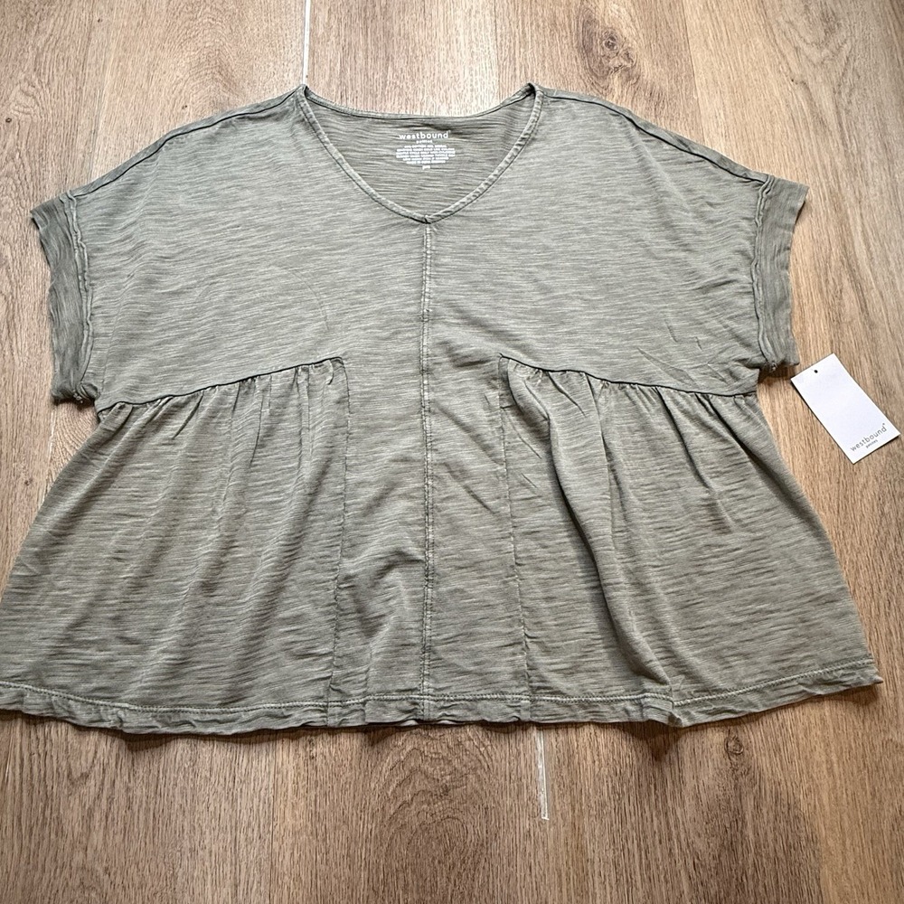 NWT Westbound Tunic Top Sz Petite M Olive Green Crewneck Flowy Feminine Preppy